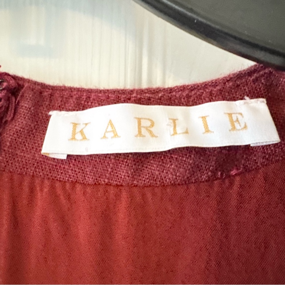 KARLIE Burgundy Linen Blend Puff Sleeve V-Neck‎ Ruffle Hem Dress Size Large - Picture 3 of 7